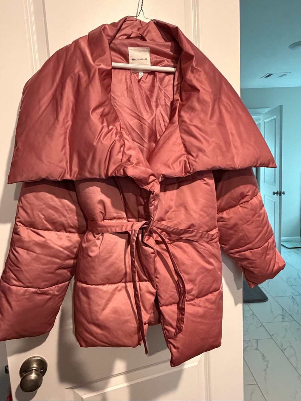 Avec Les Filles Dusty Rose Quilted Puffer Coat with Tie Belt